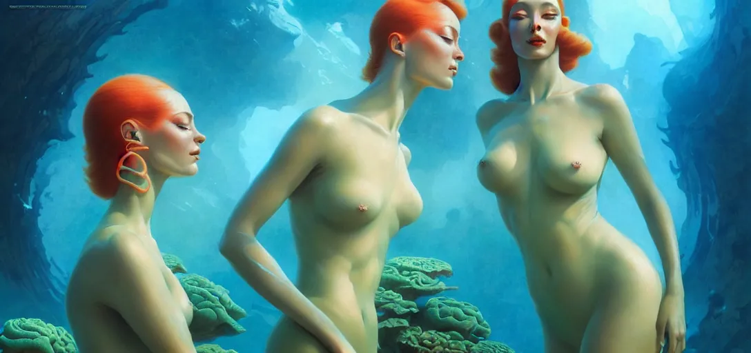 Prompt: beautiful alien women bathing in luminous water in the style of roger dean and alberto vargas and stefan kostic, realistic, photoreal, sharp focus, 8 k high definition, insanely detailed, intricate, elegant, art by greg rutkowski and artgerm, extreme blur coral reef background