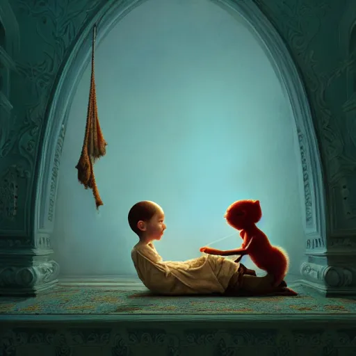 Image similar to lullaby of hope happiness of a young boy, moody : : wes anderson, roger dean, sophie anderson, esao andrews : : ornate, dynamic, particulate, intricate, elegant, highly detailed, centered, artstation, smooth, sharp focus, octane render, 3 d