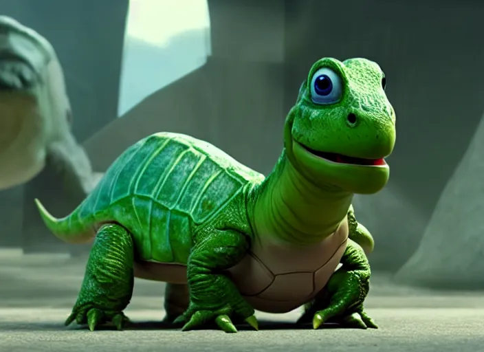 Image similar to film still of yoshi in the new sci - fi movie, cute upright dinosaur with a small turtle shell and long tongue, 8 k