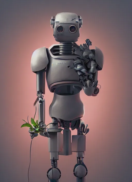 Image similar to detailed full body concept art illustration pastel painting of a robot holding a flower, ultra detailed, digital art, octane render, dystopian, micro detail, 4k