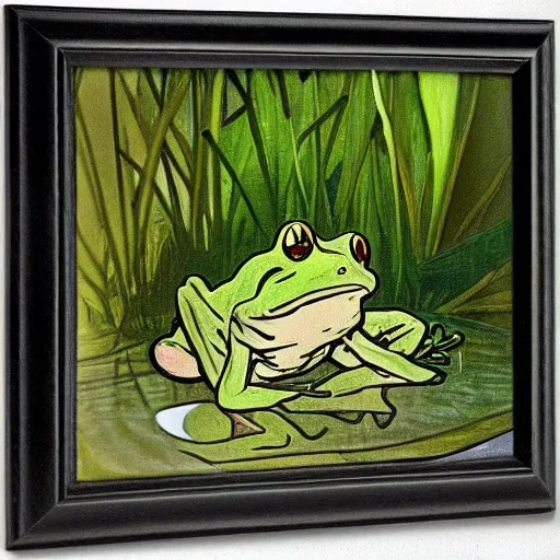 Image similar to frog, green, pond, portrait by Alphonse Mucha