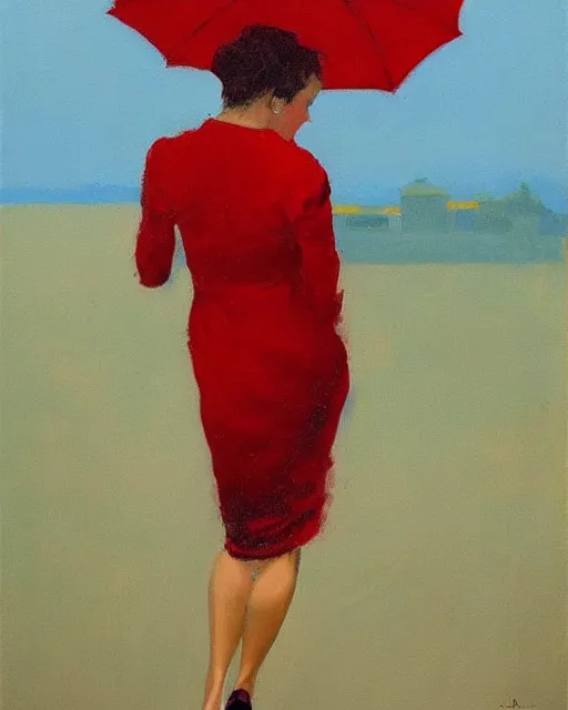 Prompt: a jack vettriano portrait painting of a woman wearing a red dress dancing in the pouring rain