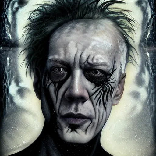 Image similar to stunning portrait of gaunt max von sydow a ( the cure fan ) as dream from sandman, dim stars as eyes, by jeremy mann, by cedric peyravernay, by by russ mills, by richard avedon and ben templesmith, dramatic lightning, sadness, dark eye sockets, in the shadows, punk rock, gothic, high detailed, 8 k