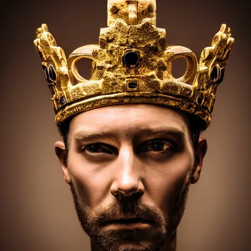 Image similar to stunning beautiful portrait photography of a face detailing medieval king with crown from national geographic magazine award winning, dramatic lighting, taken with Sony alpha 9, sigma art lens, medium-shot