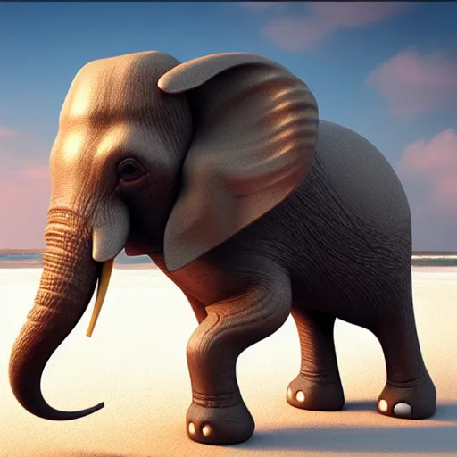 Image similar to a highly detailed beautiful Elephant with smooth and streamlined skin, doing an elegant pose on the beach, artstation, DeviantArt, professional, octane render