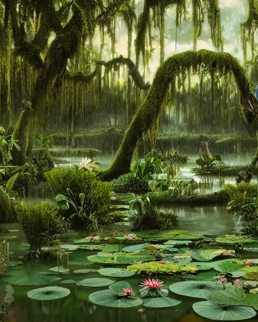 Prompt: Overgrown ballroom, flooded with swamp water, full of plants and lily pads, immaculate scale, matte painting, digital art, trending on Artstation, hyper-realistic, detailed, ultra detailed