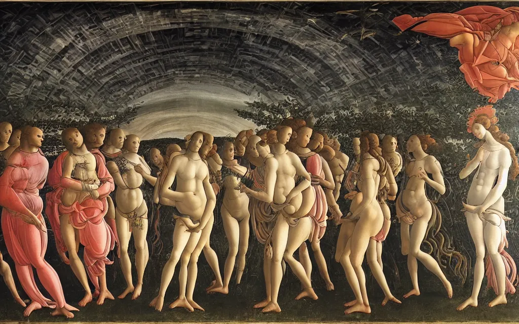 Image similar to sandro botticelli. very soft, delicate light. venus but dancefloor in underground club. in the middle is a little platform, people dancing around it. disco lights. fog. colorful and moody. sun is already rising. detailed brush strokes. 6 am.