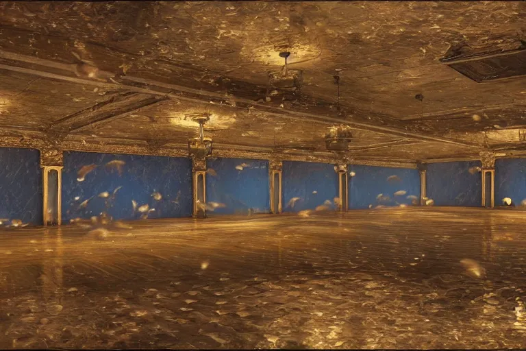 Image similar to steampunk ballroom filling with water, waves sloshing around, wide shot, cinematic, realistic painting