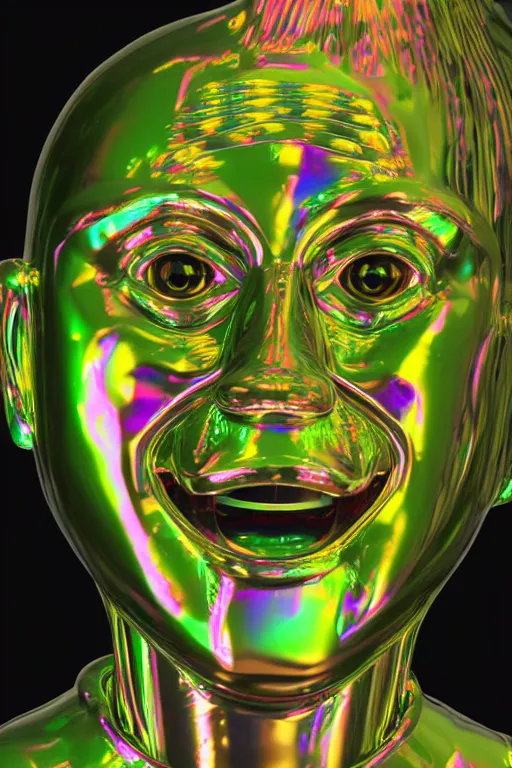 Image similar to 3d render of holographic angry human robotic screaming angry bust made of glossy iridescent, screaming, bust, surrealistic 3d illustration of a human non-binary, non binary model, 3d model human, cryengine, made of holographic texture, holographic material, holographic rainbow, concept of cyborg and artificial intelligence