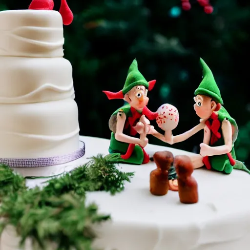 Prompt: mischievous elves eating a wedding cake