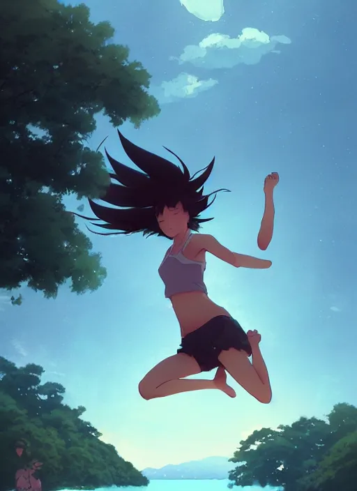 Image similar to girl jumping near a lake, rainy, touching a long neck monster, illustration concept art anime key visual trending pixiv fanbox by wlop and greg rutkowski and makoto shinkai and studio ghibli