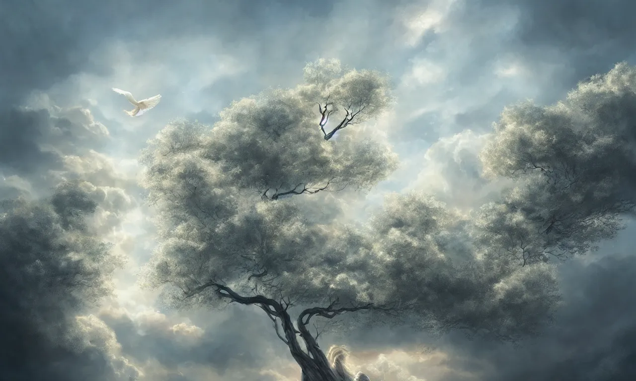 Prompt: a beautiful digital painting of a white tree merged in the clouds, birds flying in the sunlight, totaly white trunk made of smoke, blue sky at sunset, elegant, highly detailed, artstation, concept art, matte, sharp focus, art by tom bagshaw, kelogsloops and greg rutkowski