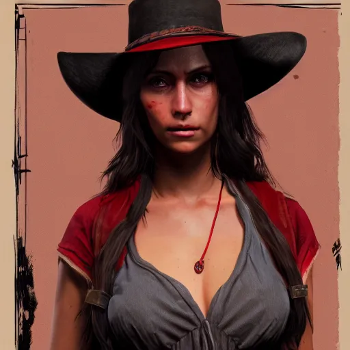 Prompt: tan woman with long dark hair in Red Dead Redemption 2, hyper detailed, concept art, 8k, artstation, cgsociety