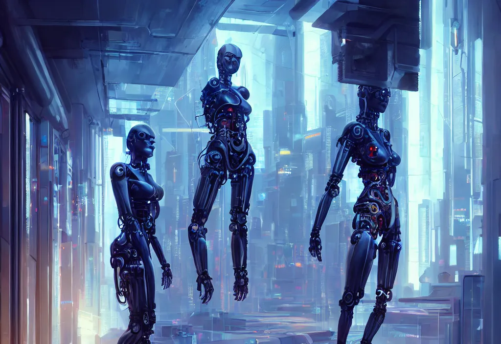 Image similar to shot of film by cyberpunk syle, realistic detailed cyborg android, proportional body, strong body, whole body, whole figure, character design, server room in datacenter very realistic painting concept art, symmetrical, vivid color, complementary color, detailed, sharp lines, trending on artstation, volumetric lighting, by karol bak, by yukito kishiro, octane render