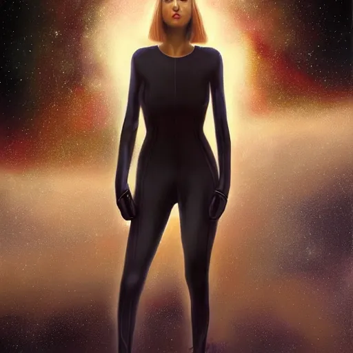 Image similar to pleiadian woman with big eyes and long silver hair wearing a dark body suit and holding a plasma gun standing in barren fields, sci fi portrait art by greg rutkowski