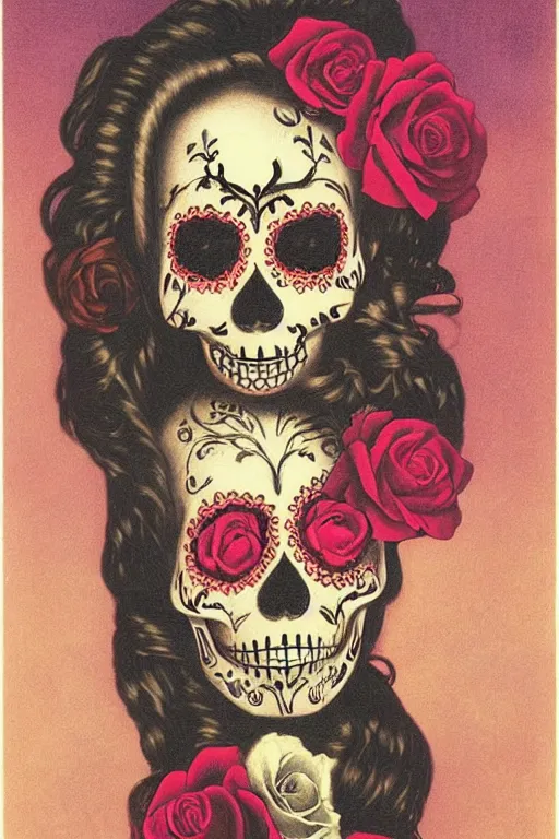 Image similar to illustration of a sugar skull day of the dead girl, art by martin johnson heade