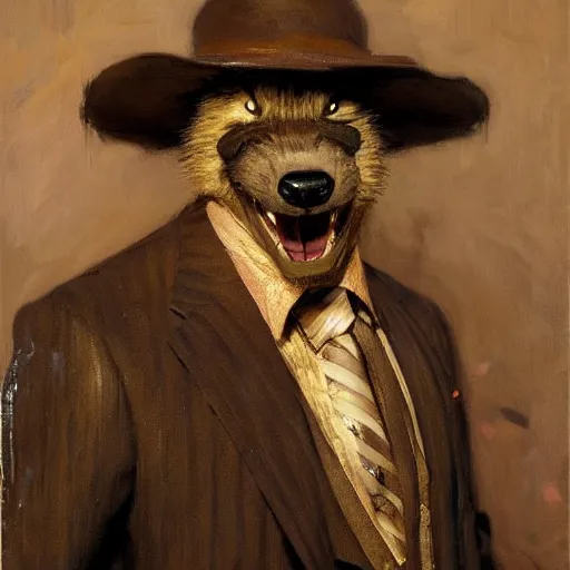 Image similar to a portrait of a gnoll wearing a suit and pulling his tongue at the viewer. highly detailed painting by gaston bussiere, craig mullins, j. c. leyendecker 8 k