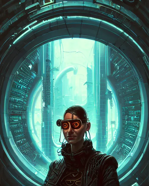 Image similar to a highly detailed portrait of a cyberpunk hacker, steampunk stargate by greg rutkowski and android jones in a surreal portrait style, oil on canvas, ancient cyberpunk 8k resolution, masterpiece