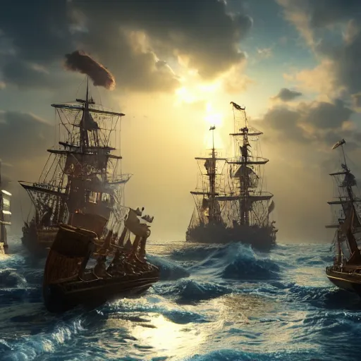 Image similar to ancient ship battle, highly detailed, photorealistic portrait, bright studio setting, studio lighting, crisp quality and light reflections, unreal engine 5 quality render