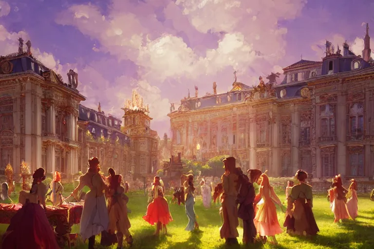 Image similar to an ornate baroque palace, party in front, scene in an open field. key visual, conceptart, ambient lighting, highly detailed, digital painting, artstation, concept art, sharp focus, by makoto shinkai and akihiko yoshida and greg manchess