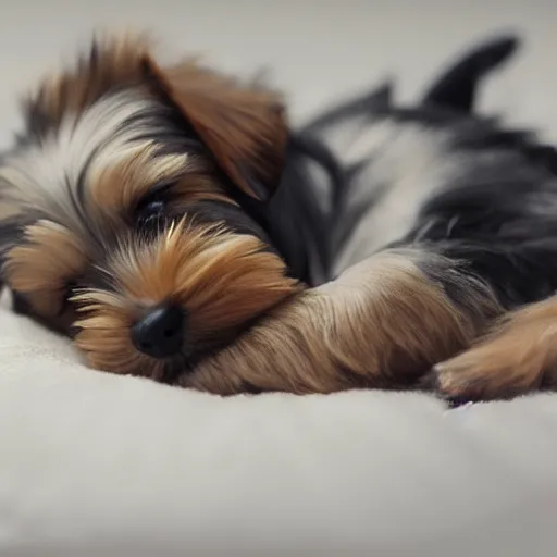Image similar to digital painting of a cute adorable yorkie puppy asleep on a soft white blanket
