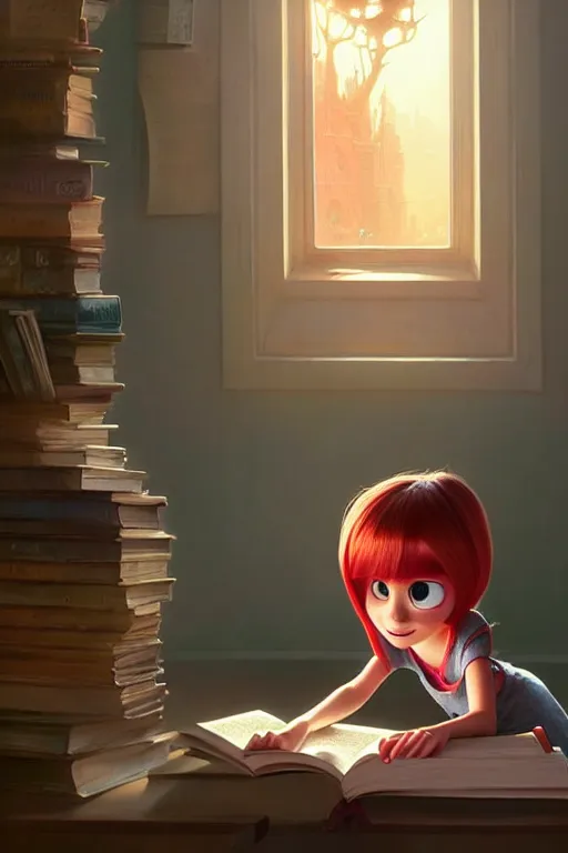 Image similar to highly detailed portrait of beautiful girl reading a book in pixar inside out, dynamic pose, stephen bliss, unreal engine, fantasy art by greg rutkowski, loish, rhads, ferdinand knab, makoto shinkai and lois van baarle, ilya kuvshinov, rossdraws, tom bagshaw, global illumination, radiant light, detailed and intricate environment