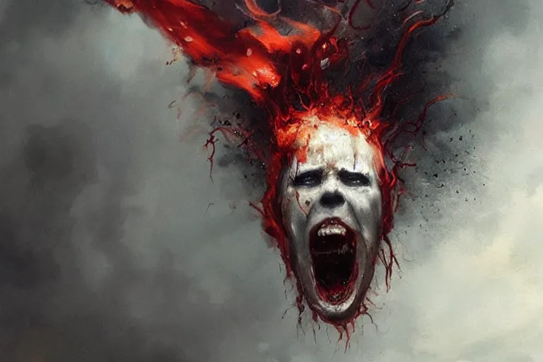 Image similar to painting by greg rutkowski of a flying human head with tears running down it's face face that is chalk white in color, with tentacles coming of the neck, fiery scorching red eyes, flying in a terrying hell like cavernous place