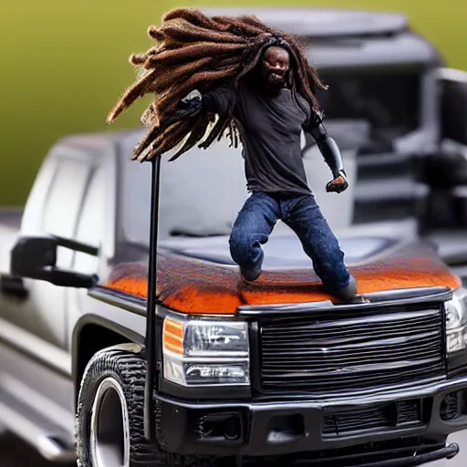 Image similar to black man action figure with dreads standing on top of a black rc pickup truck, close up photograph, white background