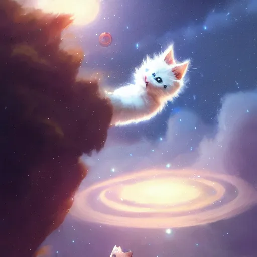 Image similar to a single cartoonish kitten dressed as Gandalf floating in space, bright stars, anime, a fantasy digital painting by Greg Rutkowski and James Gurney, trending on Artstation, highly detailed