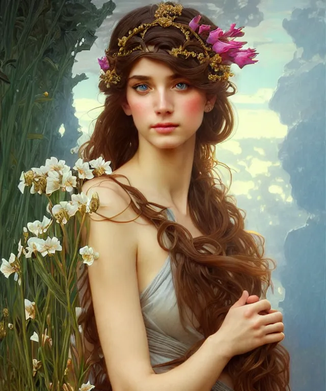 Image similar to young goddess with gladioli, portrait, blue eyes, beautiful face, long hair, head in focus, fantasy, ornamental, intricate, elegant, sensual, highly detailed, digital painting, artstation, concept art, smooth, golden ratio, sharp focus, illustration, art by artgerm and Greg Rutkowski and Alphonse Mucha and Karol Bak