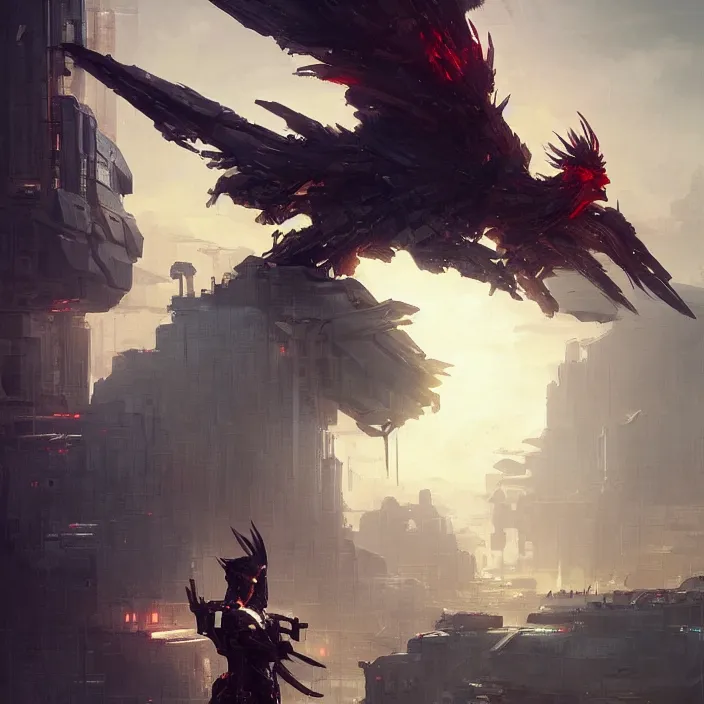 Image similar to concept art by greg rutkowski, cyberpunk phoenix in the sky preparing for combat, dim lighting, detailed portraits, final fantasy, unreal engine 5 highly rendered, scifi, digital painting, artstation, concept art, smooth, sharp foccus ilustration, detailed and intricate environment ， artstation hq