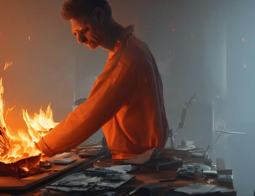 Image similar to a man works at a workstation in a very hot office with burning fires, close up, featured in artstation, octane render, intricate, ultra detailed, fantasy, concept art, sharp focus, illustration, 8 k