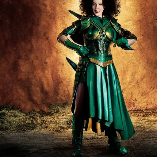 Prompt: long shot photo of Christina Hendricks as a warrior with malachite armour