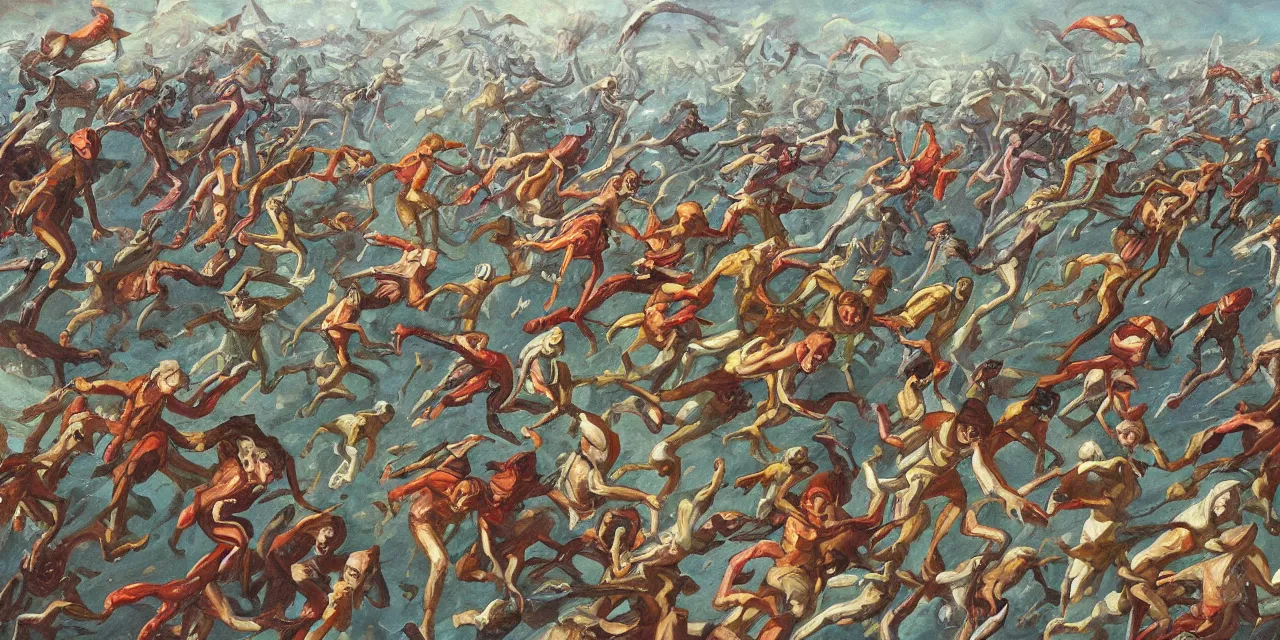 Image similar to flying cephalopods racing towards a crowd of excited humans, race theme future oil on canvas