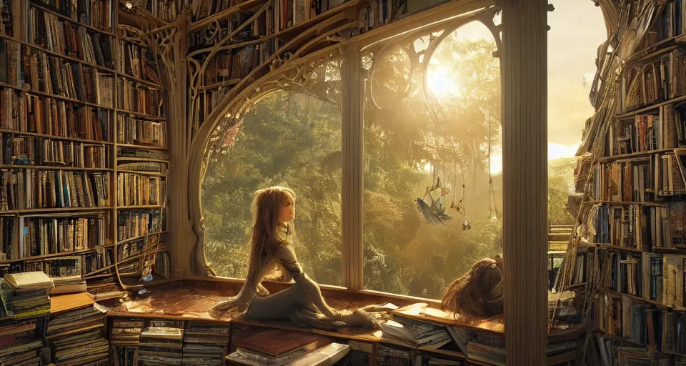 Image similar to A scene from a 2022 fantasy film featuring a cozy art nouveau reading nook inside a fantasy treehouse city. Suspended walkways. Disorganized ancient books. Golden Hour. 8K UHD.