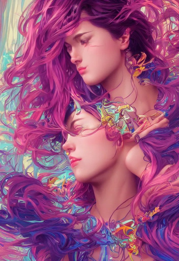Image similar to beautiful, young woman, detailed gorgeous face, vaporwave aesthetic, synthwave, colorful, psychedelic, artstation, concept art, smooth, extremely sharp detail, finely tuned detail, ultra high definition, 8 k, unreal engine 5, ultra sharp focus, illustration, art by artgerm, greg rutkowski and alphonse mucha