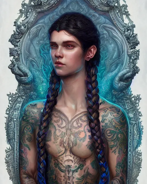 Prompt: beautiful man, half - body, long french braid, wearing iridescent sleeveless robes, full - body tattoos, jewelry, 8 k, glow, very detailed and intricate, hyper ornate, illustration, by tom bagshaw, artgerm, greg rutkowski, magali villeneuve, octane render