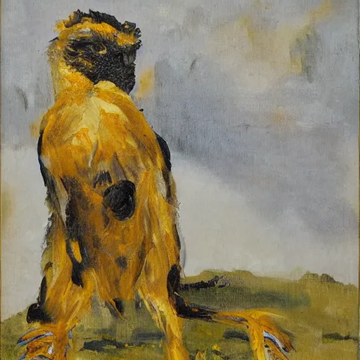 Image similar to long - eared monkey - crow creature wearing a raincoat, tonalist painting, prussian blue and azo yellow, dramatic lighting