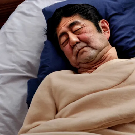 Prompt: A picture of Abe Shinzo slepping in the bed.