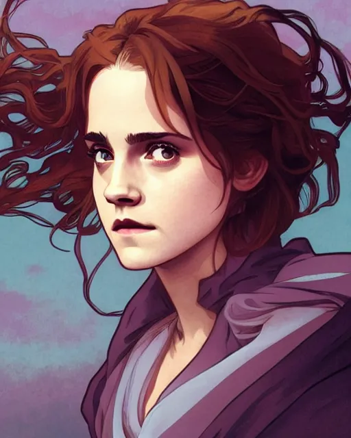 Prompt: Poster artwork, Emma Watson as Hermione Granger, medium shot, details, sharp focus, illustration, by Jordan Grimmer and Alphonse Mucha and greg rutkowski and PiNe(パイネ) and 薯子Imoko and 香川悠作 and maya takamura, intricate, beautiful, Trending artstation, pixiv, digital Art