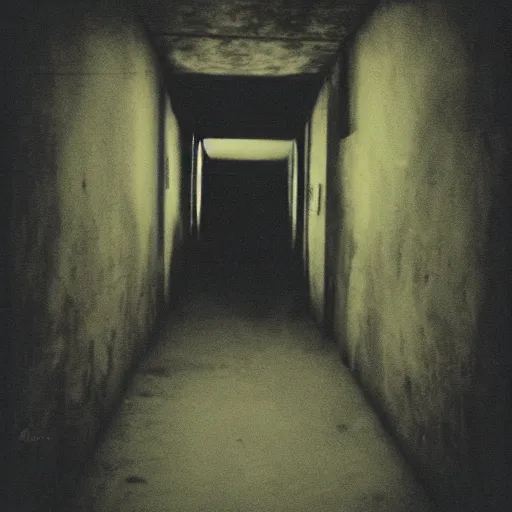 Prompt: low quality polaroid of a narrow dark creepy hallway made out of concrete, yellow painted smile faces on the walls, flickering fluorescent lighting, eerie, horror movie scene