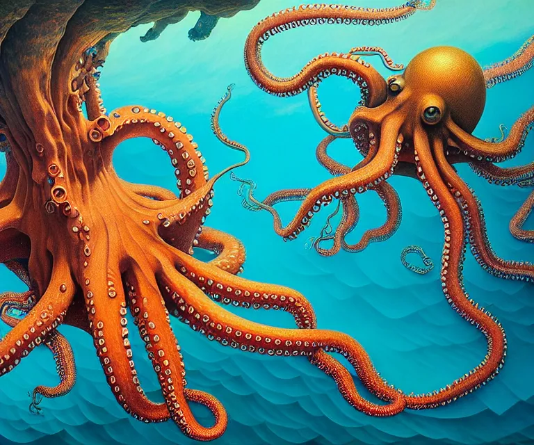 Image similar to hyper detailed 3d render like a Oil painting - a giant octopus patrolling the depths of the deep blue sea, by Jacek Yerka, Mariusz Lewandowski, Houdini algorithmic generative render, Abstract brush strokes, Masterpiece, Edward Hopper and James Gilleard, Zdzislaw Beksinski, Mark Ryden, Wolfgang Lettl, hints of Yayoi Kasuma, octane render, 8k