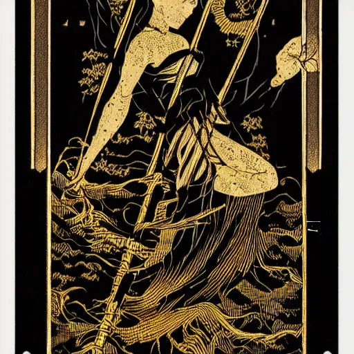 Prompt: a highly-detailed vector image of a tarot card by takato yamamoto. natural light, light leaks. 8K HD wallpaper. Black 2.0, metallic gold, metallic silver color scheme.