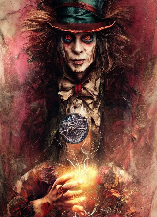 Image similar to mad hatter the magician tarot card, highly detailed, cinematic, 8 k, by stanley artgermm, tom bagshaw, greg rutkowski, carne griffiths, ayami kojima, beksinski, giger, trending on deviantart, hyper detailed, horror, full of colour