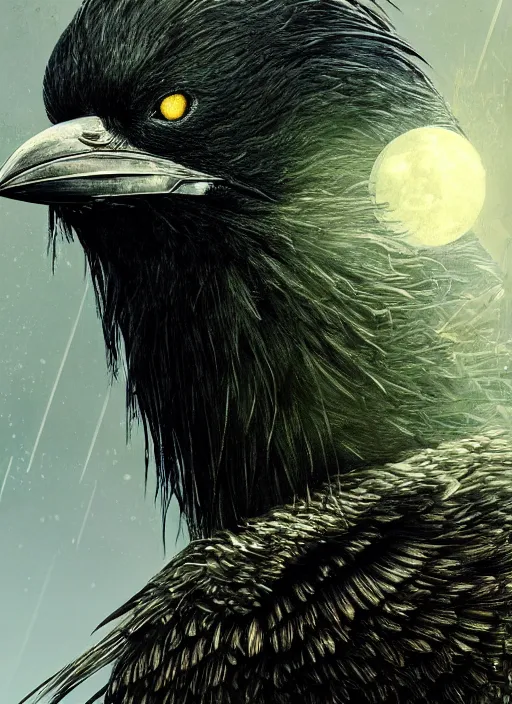 Prompt: glowing silver and golden elements, full close-up zoom portrait of realistic crow, book cover, green forest, white moon, establishing shot, extremly high detail, photo-realistic, cinematic lighting, by Yoshitaka Amano, Ruan Jia, Kentaro Miura, Artgerm, post processed, concept art, artstation, matte painting, style by eddie mendoza, raphael lacoste, alex ross