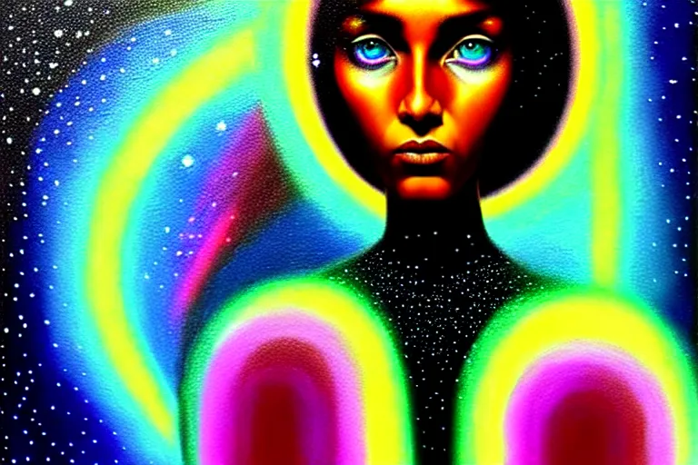 Image similar to patron saint of 🛸🌈👩🏾, futuristic iridescent clothing, wormhole, nebula, black hole, multiverse, neon god of city character portrait, in the style of margaret keane, moebius, tom bagshaw, and waterhouse, cinematic lighting, beautiful, elegant, oil painting,