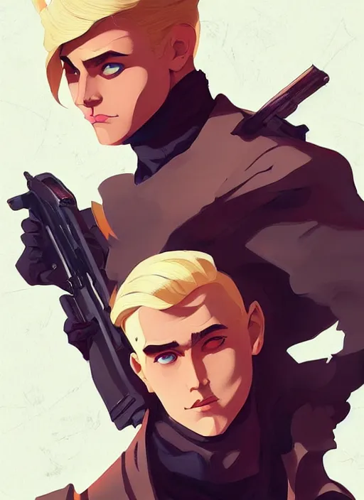 Prompt: young blonde beautiful male boy assassin, heroic, glorious, in the style of artgerm, gerald brom, atey ghailan and mike mignola, vibrant colors and hard shadows and strong rim light, plain background, comic cover art, trending on artstation