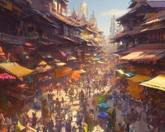 Image similar to colorful, bustling marketplace in a great kitsune city, a fantasy digital painting by Greg Rutkowski and James Gurney, trending on Artstation, highly detailed