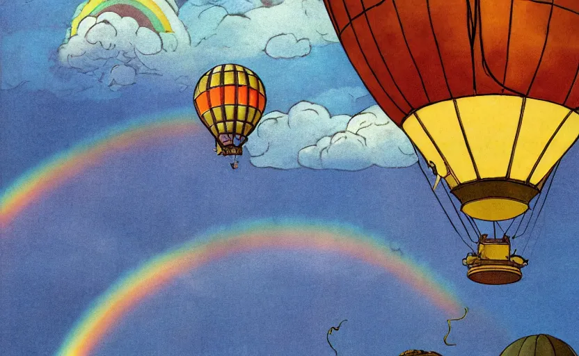 Image similar to steampunk hot air balloon flying through a double rainbow, detailed digital concept art, 4 k movie still, comic book full page by studio ghibli and winsor mccay