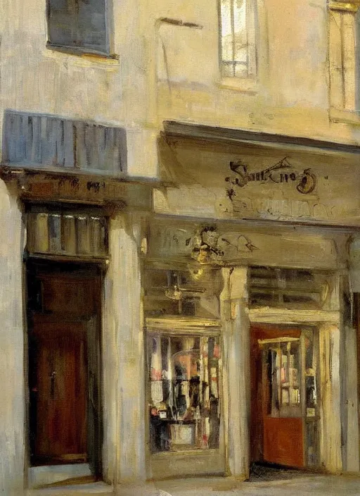 Image similar to artwork painting of storefront by john singer sargent